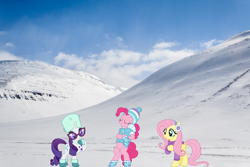 Size: 1800x1200 | Tagged: safe, artist:cloudyglow, artist:pink1ejack, derpibooru import, fluttershy, pinkie pie, rarity, earth pony, pegasus, pony, bipedal, bipedal leaning, boots, clothes, earmuffs, female, glasses, hat, iceland, irl, leaning, mare, photo, ponies in real life, shoes, story included, sweater, winter outfit