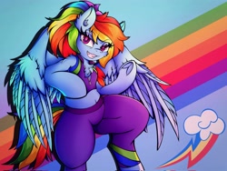 Size: 4096x3072 | Tagged: safe, alternate version, artist:canvymamamoo, derpibooru import, rainbow dash, pegasus, semi-anthro, abstract background, alternate hairstyle, belly button, buckball fan gear rainbow dash, chest fluff, clothes, cutie mark background, ear fluff, ears, female, frog (hoof), gameloft, grin, jacket, looking at you, pants, ponytail, rainbow, raised eyebrow, raised hoof, raised leg, shorts, smiling, solo, sports bra, sports shorts, spread wings, sweatpants, underhoof, wings