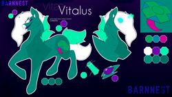 Size: 3413x1920 | Tagged: safe, artist:barnnest, oc, oc:vitæ, pony, unicorn, ear fluff, ears, gradient background, green coat, green eyes, mask, open mouth, purple sclera, raised leg, reference sheet, solo, text, two toned mane, two toned tail