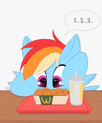 Size: 1189x1428 | Tagged: safe, artist:omi, derpibooru import, rainbow dash, pegasus, pony, chicken meat, chicken nugget, counting, drink, female, food, meat, soda, solo, speech bubble, table, tray