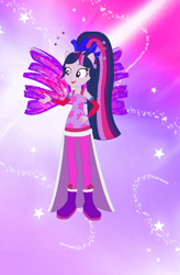 Size: 584x889 | Tagged: safe, artist:magical-mama, artist:selenaede, artist:user15432, derpibooru import, twilight sparkle, twilight sparkle (alicorn), alicorn, human, equestria girls, alternate hairstyle, barely eqg related, base used, boots, clothes, colored wings, crossover, crystal sirenix, dress, fairy, fairy wings, fairyized, gradient background, gradient wings, high heel boots, high heels, long hair, ponied up, ponytail, purple dress, shoes, sirenix, sparkly background, sparkly wings, wings, winx, winx club, winxified