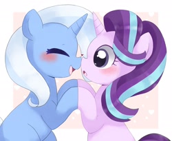 Size: 2048x1682 | Tagged: safe, artist:ginmaruxx, derpibooru import, starlight glimmer, trixie, pony, unicorn, abstract background, blushing, boop, cute, diatrixes, duo, duo female, eyelashes, eyes closed, female, glimmerbetes, heart, heart eyes, horn, lesbian, mare, noseboop, open mouth, open smile, shipping, smiling, startrix, tail, wingding eyes
