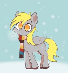 Size: 1440x1538 | Tagged: safe, artist:noupu, derpibooru import, derpy hooves, pegasus, pony, breath, clothes, female, mare, no pupils, scarf, shivering, snow, snowfall, solo, striped scarf, unshorn fetlocks