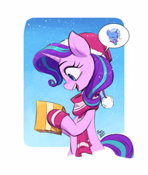 Size: 2480x2924 | Tagged: safe, artist:fanzeem, derpibooru import, starlight glimmer, trixie, pony, unicorn, christmas, clothes, cute, female, glimmerbetes, gloves, hat, high res, holiday, mare, open mouth, open smile, present, santa hat, scarf, smiling, snow, solo, thankful