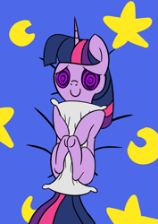 Size: 905x1277 | Tagged: safe, artist:librarylonging, derpibooru import, twilight sparkle, unicorn twilight, pony, unicorn, bed, female, hug, hypnosis, mare, pillow, pillow hug, solo, swirly eyes