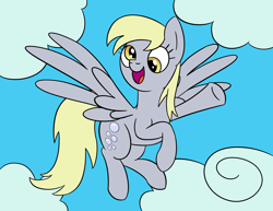 Size: 3300x2550 | Tagged: safe, artist:librarylonging, derpibooru import, derpy hooves, pegasus, pony, cloud, flying, solo