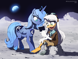 Size: 1654x1254 | Tagged: safe, artist:walliscolours, derpibooru import, princess luna, alicorn, bird, duck, pony, amputee, cute, della duck, duck tales, duck tales 2017, duo, female, goggles, looking at something, mare, moon, open mouth, open smile, polaroid, prosthetic leg, prosthetic limb, prosthetics, s1 luna, smiling