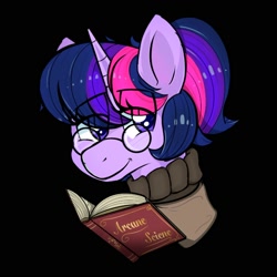 Size: 2000x2000 | Tagged: safe, artist:orbitingdamoon, derpibooru import, twilight sparkle, pony, unicorn, alternate hairstyle, book, glasses, smiling, solo