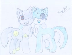 Size: 3300x2550 | Tagged: safe, artist:fliegerfausttop47, derpibooru exclusive, derpibooru import, oc, oc only, oc:smiley, oc:voidshark, cat, cat pony, earth pony, original species, pony, 2022 community collab, best friends, black sclera, brown eyes, chest fluff, colt, derpibooru community collaboration, duo, ear fluff, ears, fluffy, fluffy tail, gift art, happy, leg fluff, looking at each other, looking at someone, male, ponified, qwuedeviv, sharp teeth, signature, smiley face, smiling, tail, teeth, traditional art, white pupils