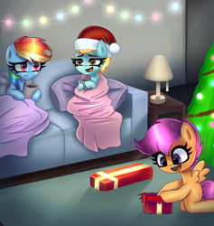 Size: 7200x7600 | Tagged: safe, artist:opalacorn, derpibooru import, lightning dust, rainbow dash, scootaloo, pegasus, pony, absurd resolution, anatomically incorrect, blanket, christmas, christmas tree, commission, cute, cutealoo, dashabetes, dustabetes, female, filly, foal, hat, holiday, incorrect leg anatomy, kneeling, mare, missing cutie mark, mug, open mouth, open smile, santa hat, sitting, smiling, sofa, spread wings, tree, trio, trio female, wings