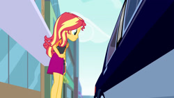 Size: 3410x1920 | Tagged: safe, derpibooru import, screencap, sunset shimmer, better together, driving miss shimmer, driving miss shimmer: rarity, equestria girls, car, clothes, cutie mark on clothes, female, geode of empathy, high res, jacket, jewelry, leather, leather jacket, limousine, magical geodes, necklace, solo