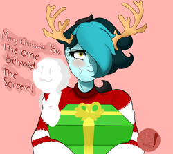 Size: 2220x1980 | Tagged: safe, artist:diamondgreenanimat0, derpibooru import, oc, oc:ice diamond, equestria girls, blue hair, blushing, brown eyes, christmas, dialogue, gift box, holiday, horns, light blue hair, looking at you, merry christmas, red background, red sweater, simple background, smiling, smiling at you, snowman, watching