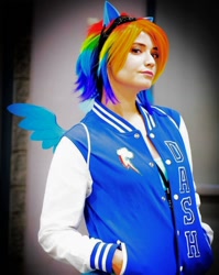 Size: 1058x1330 | Tagged: safe, derpibooru import, rainbow dash, human, clothes, cosplay, costume, cutie mark on clothes, irl, irl human, multicolored hair, photo, rainbow hair