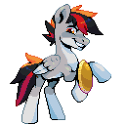 Size: 640x640 | Tagged: safe, artist:hikkage, derpibooru import, oc, oc only, oc:primaryforce, pegasus, male, pixel art, rearing, shield, simple background, solo, stallion, transparent background