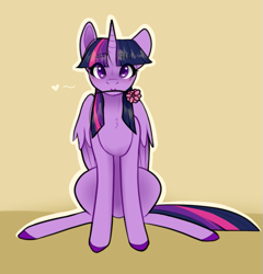 Size: 667x696 | Tagged: safe, artist:cyrinthia, derpibooru import, twilight sparkle, twilight sparkle (alicorn), alicorn, pony, female, floating heart, flower, flower in mouth, heart, heart eyes, looking at you, mare, mouth hold, sitting, solo, wingding eyes