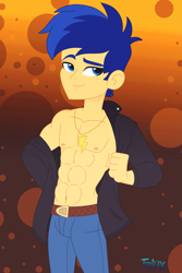 Size: 2911x4362 | Tagged: safe, alternate version, artist:felux, derpibooru import, flash sentry, equestria girls, abs, abstract background, alternate hairstyle, belt, clothes, jacket, jewelry, male, necklace, pants, show accurate, solo, stupid sexy flash sentry