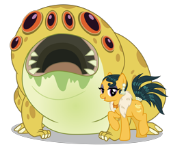 Size: 4356x3803 | Tagged: safe, artist:cheezedoodle96, artist:dragonchaser123, derpibooru import, edit, cleopatra jazz, bufogren, earth pony, pony, dungeons and discords, the end in friend, .svg available, absurd resolution, drool, duo, ear piercing, earring, eyeshadow, feather boa, female, fur scarf, jewelry, lidded eyes, looking at you, makeup, mare, multiple eyes, necklace, open mouth, piercing, raised hoof, raised leg, shipping fuel, simple background, smiling, svg, tail, tail wrap, transparent background, vector