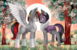 Size: 2404x1576 | Tagged: safe, derpibooru import, oc, oc:mimicry, oc:primaryforce, pegasus, duo, eye contact, female, looking at each other, looking at someone, love, male, oc x oc, shiftling, shipping, straight, winter