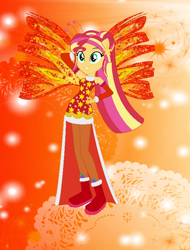 Size: 590x775 | Tagged: safe, artist:magical-mama, artist:selenaede, artist:user15432, derpibooru import, sunset shimmer, human, equestria girls, alternate hairstyle, barely eqg related, base used, boots, clothes, colored wings, crossover, crystal sirenix, dress, fairy, fairy wings, fairyized, gradient background, gradient wings, hand on hip, high heel boots, high heels, long hair, orange background, ponied up, ponytail, red dress, red wings, shoes, simple background, sirenix, sparkly background, sparkly wings, wings, winx, winx club, winxified