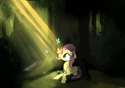 Size: 1754x1240 | Tagged: safe, artist:megalura, derpibooru import, fluttershy, butterfly, pegasus, pony, butterfly on nose, crepuscular rays, female, insect on nose, lying down, mare, prone, solo