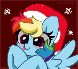 Size: 3739x3326 | Tagged: safe, artist:kittyrosie, derpibooru import, rainbow dash, pegasus, pony, blushing, christmas, cute, hat, holiday, red background, santa hat, simple background, tongue, tongue out