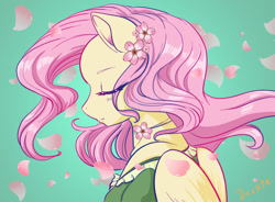 Size: 1024x752 | Tagged: safe, artist:demonspain, derpibooru import, fluttershy, anthro, pegasus, eyes closed, flower, flower in hair, flower petals, gradient background, profile, solo