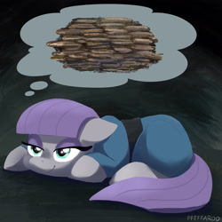 Size: 2048x2048 | Tagged: safe, artist:pfeffaroo, derpibooru import, maud pie, earth pony, pony, lying down, prone, rock, smiling, solo, that pony sure does love rocks, thought bubble, when she smiles