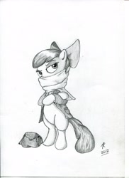 Size: 2550x3509 | Tagged: safe, artist:rameslack, derpibooru import, apple bloom, earth pony, pony, bag, bipedal, clothes, female, filly, foal, solo, thief, traditional art