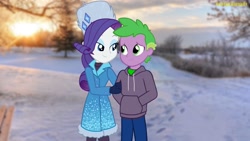 Size: 2048x1152 | Tagged: safe, artist:georgegarza01, derpibooru import, rarity, spike, equestria girls, clothes, coat, female, footprint, hat, human spike, male, shipping, snow, sparity, straight, sunset, sweatshirt, tree, winter hat, winter outfit