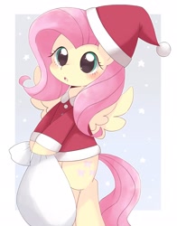 Size: 1604x2048 | Tagged: safe, artist:ginmaruxx, derpibooru import, fluttershy, pegasus, pony, bipedal, blushing, christmas, christmas outfit, female, holiday, mare, sack, solo