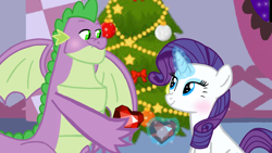 Size: 1280x720 | Tagged: safe, artist:mlplary6, derpibooru import, rarity, spike, dragon, pony, unicorn, blushing, christmas, female, holiday, male, shipping, smiling, sparity, straight