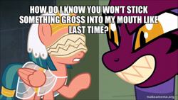 Size: 800x450 | Tagged: safe, derpibooru import, edit, edited screencap, screencap, somnambula, sphinx (character), sphinx, daring done?, blindfold, caption, egyptian, egyptian headdress, egyptian pony, image macro, text