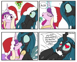 Size: 3451x2771 | Tagged: safe, artist:icey, derpibooru import, princess cadance, queen chrysalis, alicorn, changeling, changeling queen, pony, 4 panel comic, blushing, blushing profusely, cadalis, christmas, comic, convulsion, female, foaming at the mouth, hat, heart eyes, holiday, infidelity, kissing, lesbian, levitation, love overload, magic, mare, mistletoe, santa hat, seizure, shipping, simple background, telekinesis, white background, wingding eyes