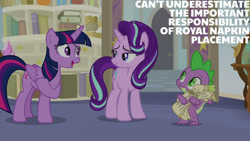 Size: 1280x720 | Tagged: safe, derpibooru import, edit, edited screencap, editor:quoterific, screencap, spike, starlight glimmer, twilight sparkle, twilight sparkle (alicorn), alicorn, dragon, pony, unicorn, a horse shoe-in, season 9, spoiler:s09, female, male, mare, open mouth, open smile, school of friendship, smiling, winged spike, wings