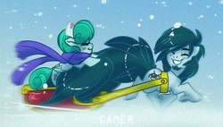 Size: 763x434 | Tagged: safe, artist:thegamercolt, derpibooru import, oc, oc:nimbe, oc:thegamercolt, earth pony, pegasus, pony, big tail, clothes, harness, red slay, scarf, slay ride, snow, tack, tail