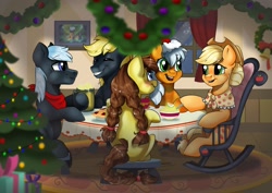 Size: 2048x1451 | Tagged: safe, artist:ali-selle, derpibooru import, applejack, oc, oc:apple hope, oc:apple smart, oc:apple song, oc:dragon, earth pony, pony, the last problem, apple, apple pie, braid, canon x oc, christmas, christmas lights, christmas tree, christmas wreath, cider, cowboy hat, dragojack, female, food, hat, hearth's warming eve, holiday, male, mare, older, older applejack, older oc, painting, parent:applejack, parent:oc:dragon, parents:canon x oc, parents:dragojack, pie, present, shipping, snow, stallion, straight, tree, wreath