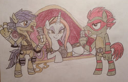 Size: 1578x1014 | Tagged: safe, artist:jebens1, derpibooru import, sassy saddles, pony, bipedal, donatello, draw me like one of your french girls, fainting couch, lidded eyes, microphone, ponified, raphael, teenage mutant ninja turtles, traditional art