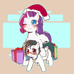 Size: 1200x1200 | Tagged: safe, artist:cold-blooded-twilight, derpibooru import, rarity, oc, oc:ethereal pelagia, pegasus, pony, unicorn, bell, bell collar, christmas, christmas presents, collar, hat, holiday, santa hat