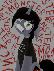 Size: 1920x2560 | Tagged: safe, artist:gojo, derpibooru import, pony, unicorn, bring me the horizon, clothes, commission, disguise, disguised siren, horn, jewelry, kellin quinn, male, necklace, ponified, shirt, sleeping with sirens, slit eyes, solo, stallion, t-shirt, text, ych result