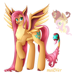 Size: 4796x4895 | Tagged: safe, artist:mailner, derpibooru import, fluttershy, manny roar, manticore, pegasus, pony, absurd resolution, chest fluff, colored hooves, colored wings, fangs, hooves, looking at you, redesign, simple background, solo, spread wings, transparent background, white outline, wings