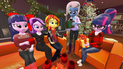 Size: 1600x900 | Tagged: safe, artist:oatmeal!, derpibooru import, sci-twi, starlight glimmer, sunset shimmer, trixie, twilight sparkle, human, equestria girls, 3d, accessory swap, christmas, christmas tree, clothes, coffee, decoration, gmod, holiday, humanized, present, sweater, the great and powerful, tree, twolight