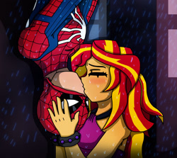 Size: 1920x1715 | Tagged: safe, artist:edcom02, derpibooru import, sunset shimmer, human, equestria girls, bare shoulders, crossover, crossover shipping, kissing, marvel, rain, shipping, sleeveless, spider-man, upside down, upside down kiss