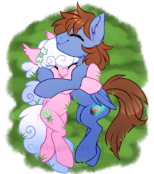 Size: 700x793 | Tagged: safe, artist:cabbage arts, derpibooru import, oc, oc only, oc:bizarre song, oc:haiky haiku, bat pony, pegasus, bat pony oc, cheek squish, commission, commissioner:haiky haiku, couple, duo, eyes closed, female, grass, happy, hug, male, oc x oc, partial background, pegasus oc, shipping, simple background, squishy cheeks, straight, transparent background, watermark