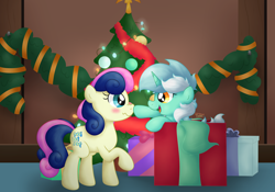 Size: 5662x3954 | Tagged: safe, artist:background basset, derpibooru import, bon bon, lyra heartstrings, sweetie drops, earth pony, pony, unicorn, adorabon, blushing, boop, christmas, christmas lights, christmas tree, cute, duo, duo female, female, happy, holiday, lesbian, lyrabetes, mare, present, tree