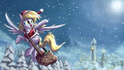 Size: 1280x720 | Tagged: safe, artist:rocket-lawnchair, derpibooru import, derpy hooves, pegasus, pony, bag, christmas, clock tower, female, flying, hat, hearth's warming eve, holiday, mailbag, mare, moon, night, open mouth, open smile, santa hat, smiling, snow, snowfall, solo, tree, winter