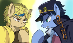 Size: 600x357 | Tagged: artist needed, safe, derpibooru import, pony, anime, black hair, blonde, blonde hair, blue background, blue eyes, brown eyes, chains, clothes, dio brando, ear piercing, earring, hat, jacket, jewelry, jojo's bizarre adventure, jotaro kujo, muda, oh you're approaching me, ora, piercing, pixiv, ponified, simple background, the mane is the hat, yellow background, yellow hair