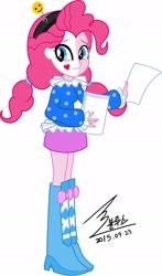 Size: 900x1526 | Tagged: safe, artist:bluse, derpibooru import, pinkie pie, equestria girls, alternate hairstyle, boots, clothes, female, high heel boots, makeup, paper, ruff (clothing), sad, sad clown, shoes, show accurate, simple background, skirt, solo