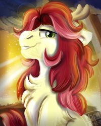 Size: 2000x2500 | Tagged: safe, artist:euspuche, derpibooru import, oc, oc only, oc:eustakia, deer, earth pony, bust, chest fluff, female, looking at you, mare, portrait, smiling, sunset