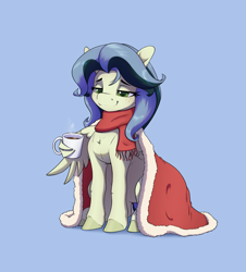 Size: 2553x2826 | Tagged: safe, artist:aquaticvibes, derpibooru import, oc, oc only, pegasus, pony, blanket, blue background, christmas, clothes, female, high res, holiday, lidded eyes, mare, mug, scarf, simple background, sitting, smiling, solo, wing hold, wings