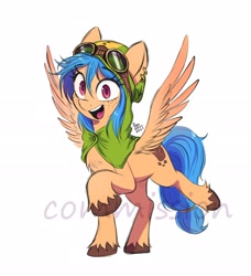 Size: 2480x2721 | Tagged: safe, artist:fanzeem, derpibooru import, oc, oc only, pegasus, pony, chest fluff, commission, ear piercing, earring, female, freckles, goggles, high res, hood, jewelry, looking at you, mare, open mouth, open smile, piercing, raised hoof, raised leg, simple background, smiling, smiling at you, solo, spread wings, watermark, white background, wings